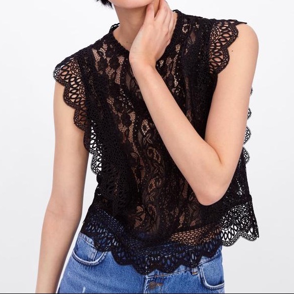 Zara black contrast lace ruffle semi sheer blouse - Picture 3 of 12
